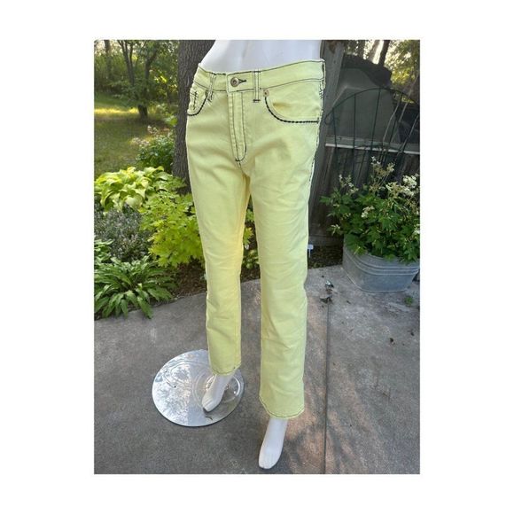Y2K Diane Gilman DG2 Yellow Stretch Denim Jeans Black Contrast Stitch High Waist - Picture 9 of 9